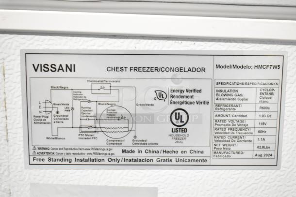 Vissani HMCF7W5 chest freezer label showing model details, specifications, and UL certification. Brand new condition.