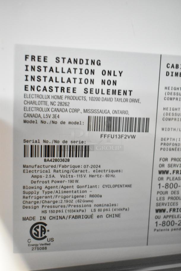 Brand new Frigidaire FFFU13F2VW upright freezer label. Scratch and dent condition. 115 volts, serial 8A42803628.