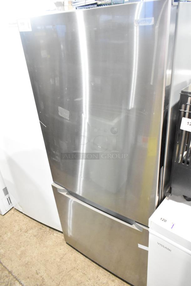 Vissani MDBF18SS reach-in cooler with freezer drawer, stainless steel, 115V, 1 phase, minor scratches visible.