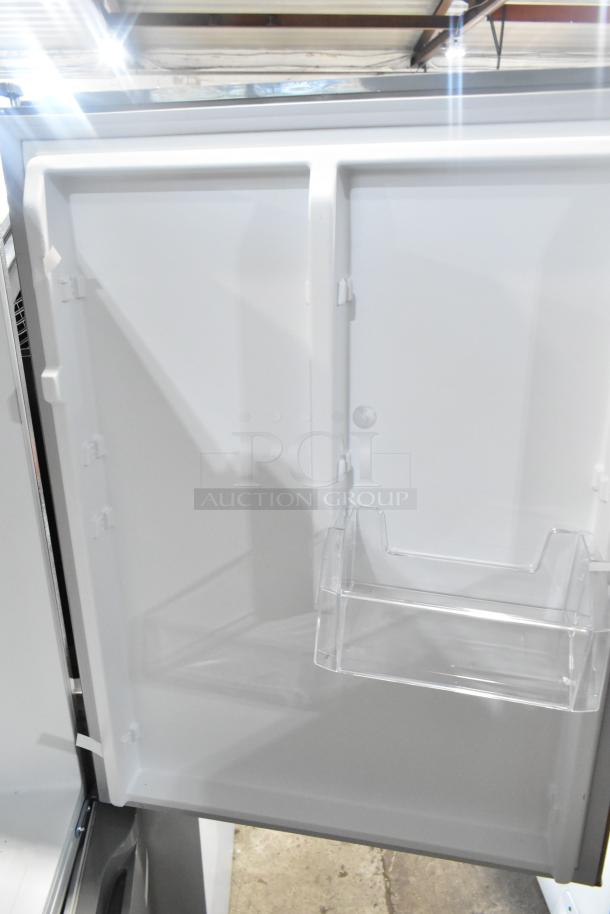 Vissani MDBF18SS cooler with freezer drawer, brand new condition, shows interior view with clear shelf, 115V, 1 phase.