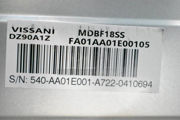 Vissani MDBF18SS cooler label showing model, serial number, and barcode. Brand new with cosmetic blemishes.