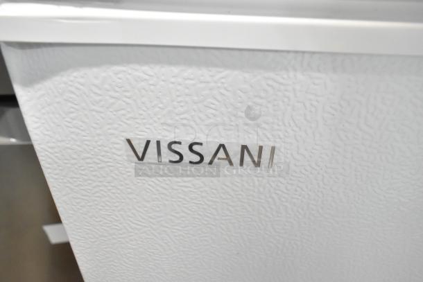 Brand new Vissani HMCF5W5 5.0 cu. ft. chest freezer, manual defrost, 115V, scratch and dent, nameplate visible.