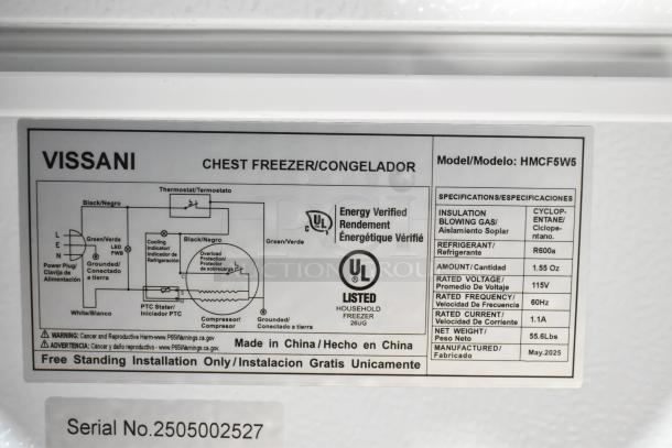Brand new Vissani HMCF5W5 chest freezer label, 5.0 cu. ft., manual defrost, 115V, cyclopentane insulation, model info shown.