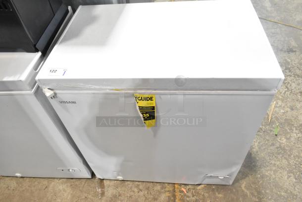 Brand new Vissani HMCF7W5 7.0 cu. ft. chest freezer with minor dents. Manual defrost, 115V, 1 Phase, visible labels.