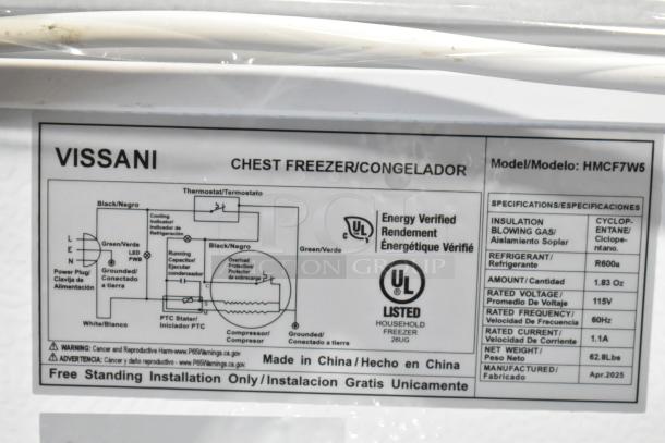 BRAND NEW SCRATCH AND DENT! Vissani HMCF7W5 7.0 cu. ft. manual defrost chest freezer label. 115 volts, 1 phase. Made in China.