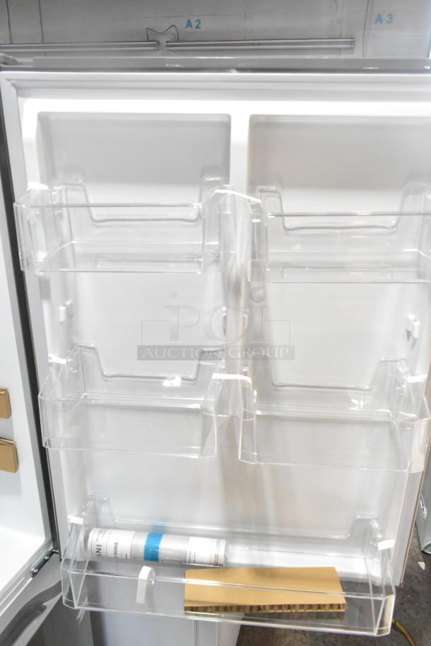 Brand new Vissani MDBF18SS reach-in cooler with freezer drawer, 115V, 1 phase. Interior door shelving shown. Scratch and dent condition.