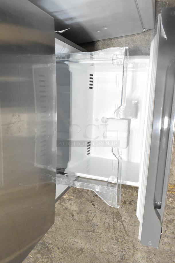 Brand new Vissani MDBF18SS reach-in cooler with freezer drawer, 115V, 1 phase, showing door and interior; slight scratches visible.