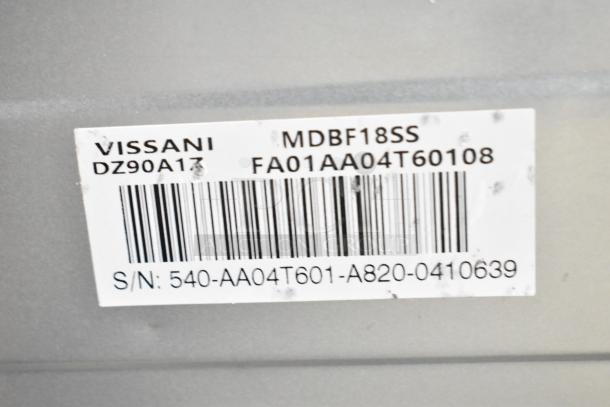 Label showing Vissani MDBF18SS model information. Includes barcode, serial number, and product codes.