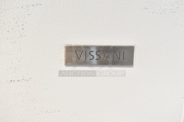 "Vissani" brand plate on the 2025 Vissani MDTF14WH5 reach-in cooler with freezer, showing new condition. 115V, 1 Phase.