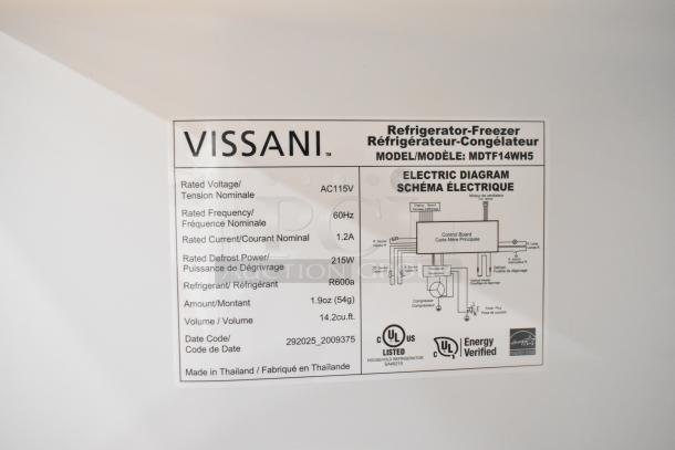 Vissani MDTF14WH5 cooler and freezer label; 115V, 60Hz, R600a refrigerant, 14.2 cu.ft., UL listed, Energy Verified.