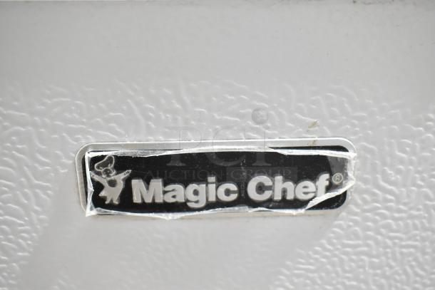 Magic Chef HMCF5W4 5.0 cu. ft. chest freezer, new scratch and dent, 115 volts, 1 phase. Magic Chef label visible.