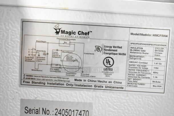 Magic Chef HMCF5W4 chest freezer label, showing specs: 5.0 cu. ft., 115V, 1 phase, UL listed, model HMCF5W4. Made in China.