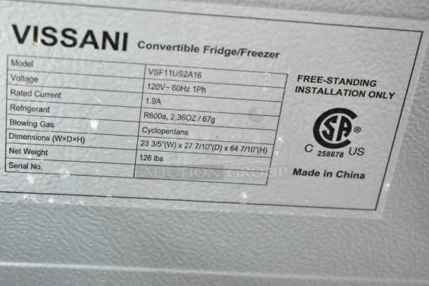 Brand new Vissani VSF11US2A16 Convertible Cooler/Freezer tag. Specs: 115V, R600a refrigerant, 126 lbs. Scratch and dent.