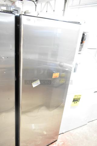 Brand new Vissani VSF11US2A16 convertible cooler/freezer, 115V, 1 phase, stainless steel with minor scratches, visible energy label.