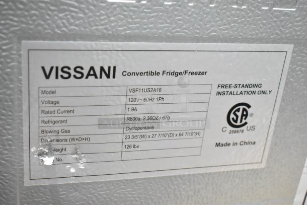 Vissani VSF11US2A16 convertible cooler/freezer label, 120V, 1.9A, R600a refrigerant, dimensions 23.5x27.7x64.7 in, 126 lbs.