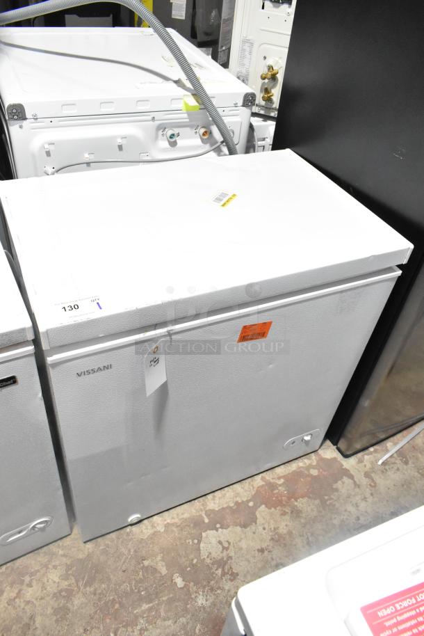 Brand new 2025 Vissani HMCF7W5 7.0 cu. ft. chest freezer, manual defrost, 115V, 1 phase, slight exterior scratches, visible tags.
