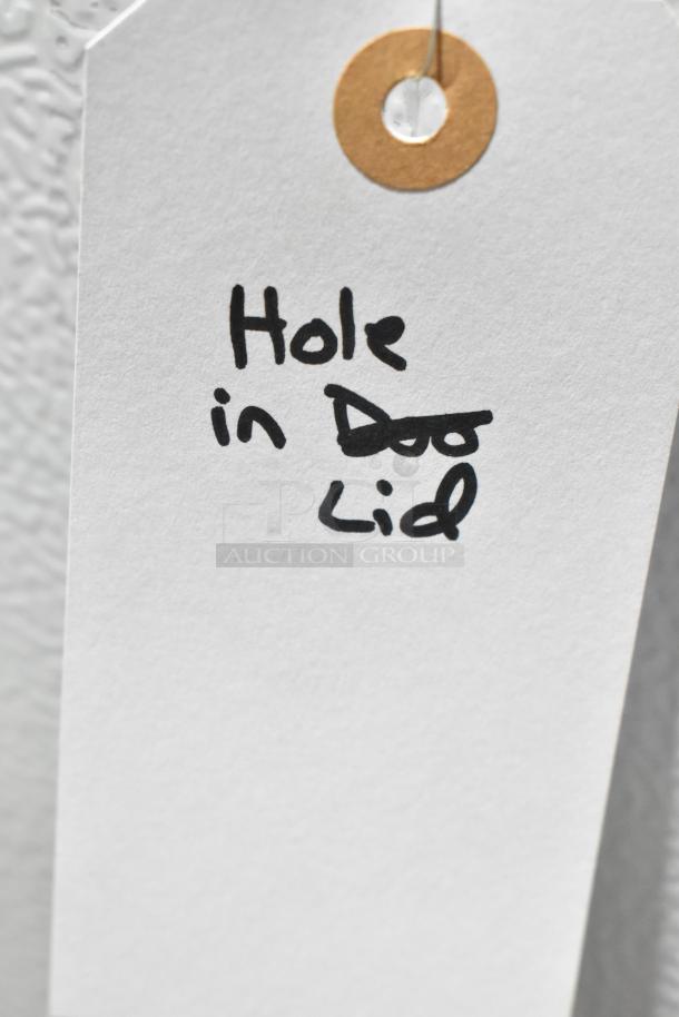 "Scratch and dent Vissani HMCF7W5 chest freezer tag notes hole in lid; manual defrost, 7.0 cu. ft., 115 volts, 2025 model."