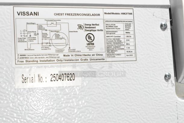 Brand new Vissani HMCF7W5 chest freezer, 7.0 cu. ft., manual defrost, 115V, 1 phase, labeled for household use, serial 250407620.