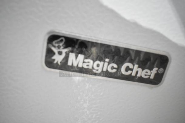Brand new Magic Chef HMCF5W4 chest freezer, 5.0 cu. ft., 115V, 1 phase. Scratch and dent model. Visible logo label.