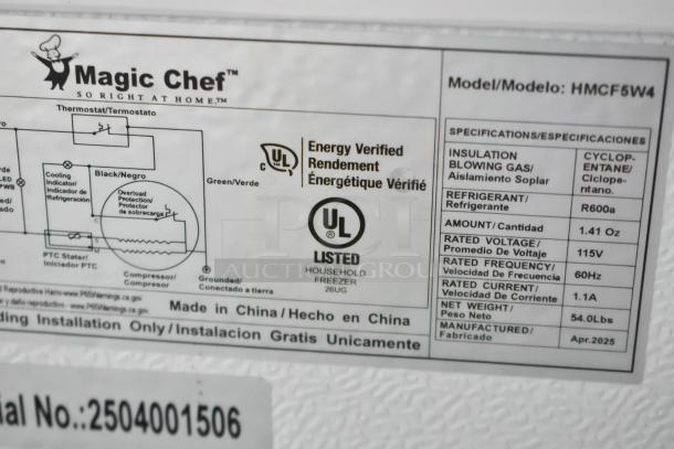 Brand new 2025 Magic Chef HMCF5W4 5.0 cu. ft. chest freezer, 115V, 1 Phase. Scratch and dent condition. UL Listed. Made in China.