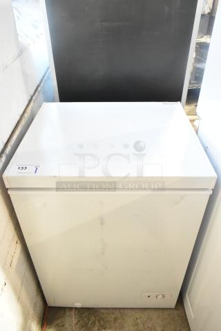 Brand new Magic Chef HMCF5W5 chest freezer, 5.0 cu. ft., manual defrost, visible cosmetic dents, 115V, 1 phase. Auction tag: 133.
