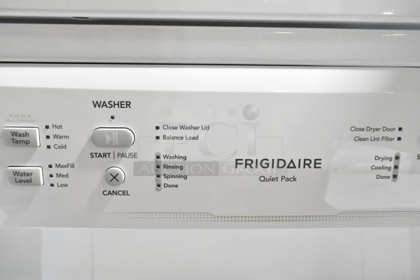 Brand new scratch-and-dent Frigidaire stacked washer and dryer control panel. Features Quiet Pack settings.