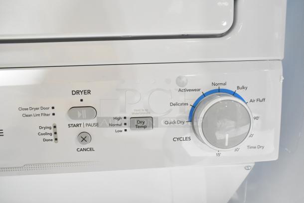 Frigidaire stacked washer and dryer controls; indicates settings for cycles and dry temperature. Brand new, scratch and dent.