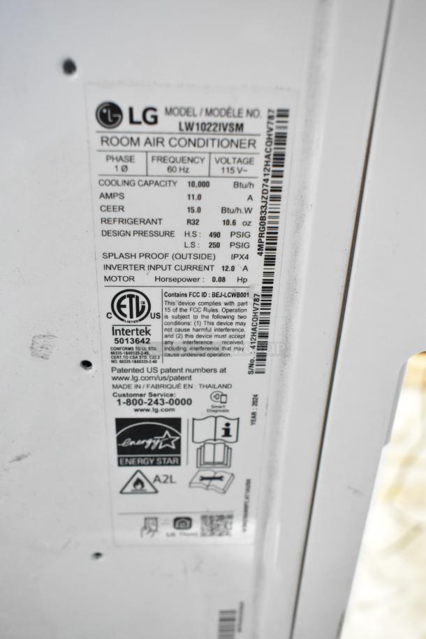 LG LW1022IVSM Window Mount Air Conditioner, 10,000 BTU, 115V, 1 Phase. Energy Star rated, R32 refrigerant.