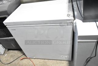 Brand new Vissani HMCF7W5 chest freezer, 7.0 cu. ft., manual defrost, 115 volts, 1 phase, light scratches visible.