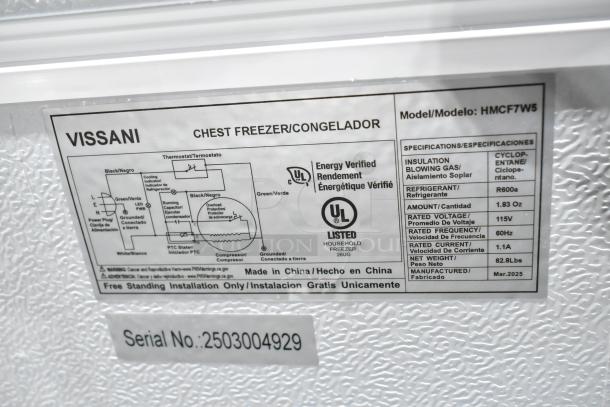 New Vissani HMCF7W5 7.0 cu. ft. chest freezer label. Manual defrost, 115V, 1 phase. UL listed, serial no. 2503004929.