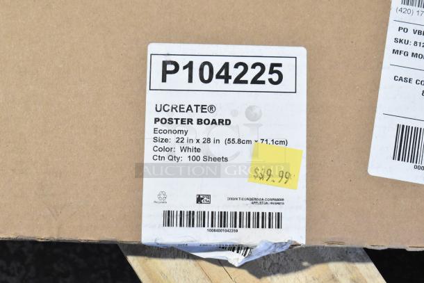 Box of UCreate Poster Board, 22x28 inches, white, 100 sheets. New with slight damage, labeled $19.99.