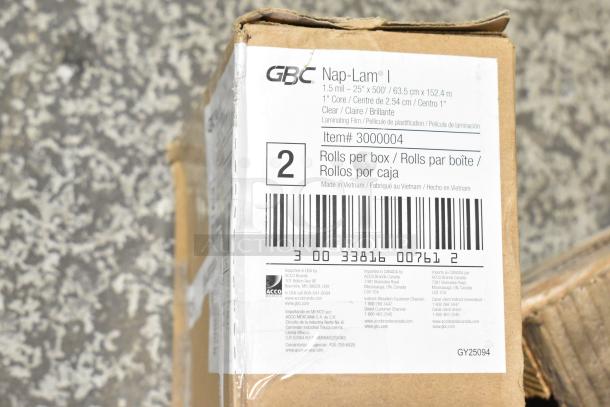 2 brand new scratch and dent GBC Nap-Lam I laminating film rolls. 1.5 mil, 25"x500', clear, item# 3000004, 2 rolls per box.