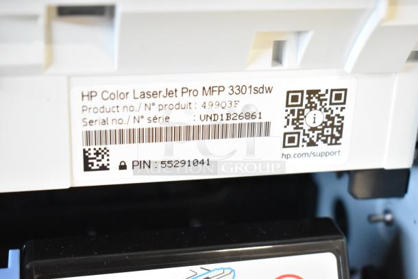 HP Color LaserJet MFP 3301sdw label showing product no. 499Q3F, serial no. VND1B26861, and PIN 55291041.