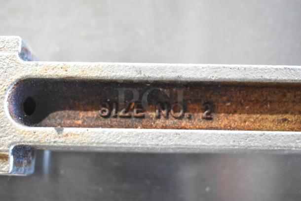 Edlund Commercial Can Opener, Size No. 2 marking visible, metal construction, includes mount, slightly worn condition.
