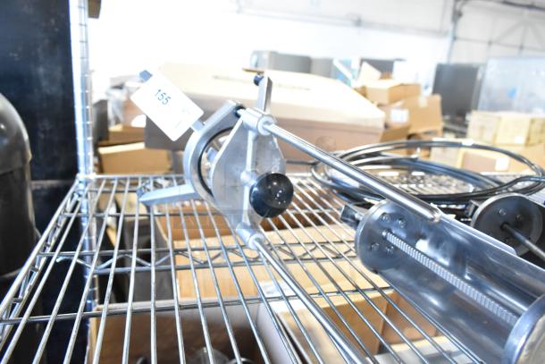 Vevor Countertop Vegetable Slicer, metal construction, good condition, adjustable blades, item tag 155 visible.