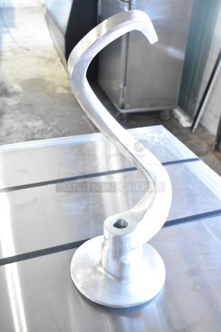 Commercial dough hook for Hobart mixer; sturdy metal, excellent condition, fits standard models, functional design.