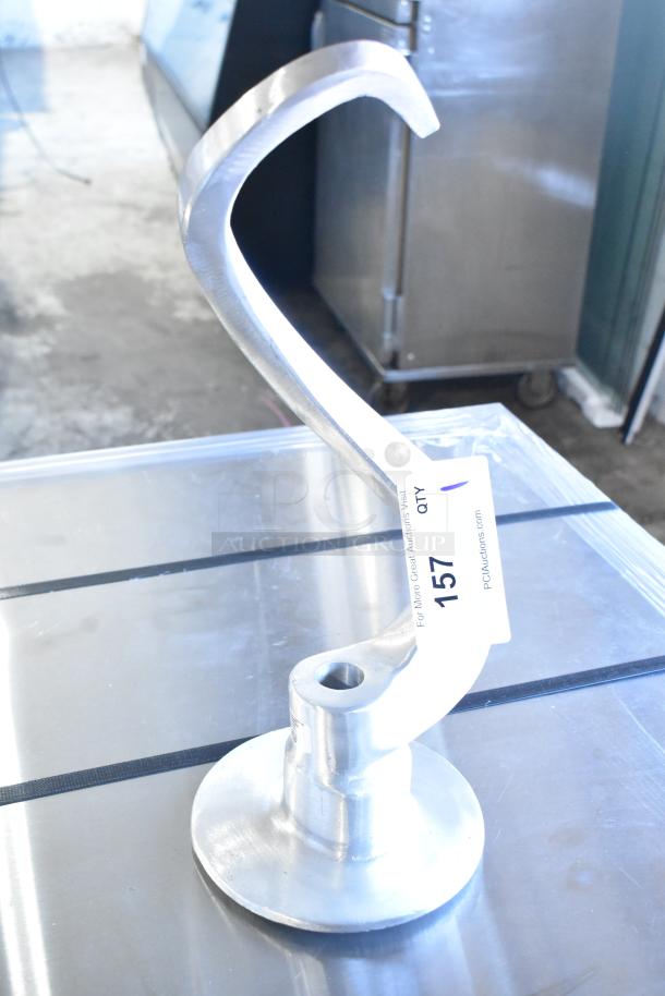 Commercial dough hook attachment for Hobart mixer, metallic finish, in good condition, labeled with auction tag 157.