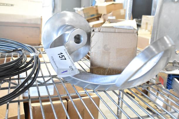 Commercial dough hook for Hobart mixer, stainless steel, lightly used, auction tag 157 visible.
