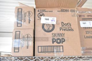 Boxes of Dots Skinny Pop Pretzels and LavAzza Vanilla Latte Beverage Mix, brand new with scratch and dent.