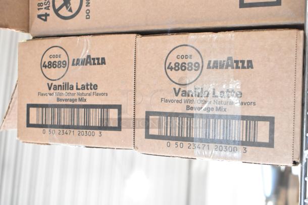 Cardboard box labeled LavAzza Vanilla Latte Beverage Mix, code 48689, barcode visible. New condition.