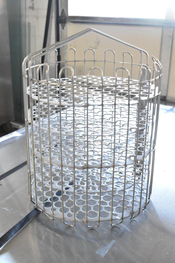 Brand new, scratch and dent metal rack with a circular design, multi-tiered shelving, and steel construction.