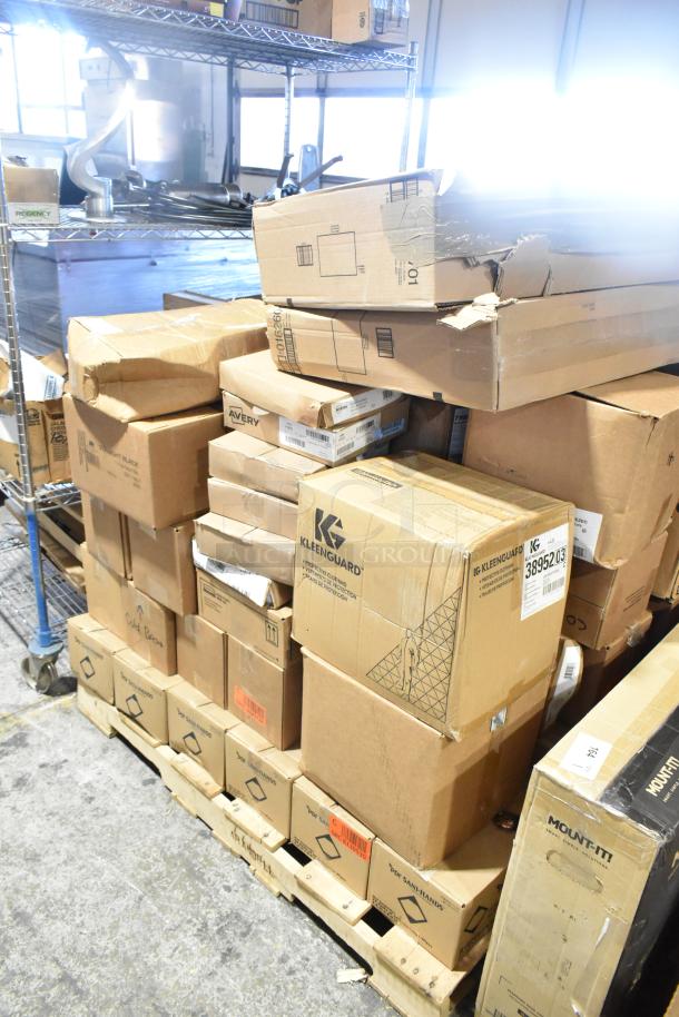 47 boxes on a pallet, including Kleenguard Protective Clothing, Smoothmove Prime, Rubbermaid Auto Foam, and more, scratch and dent condition.