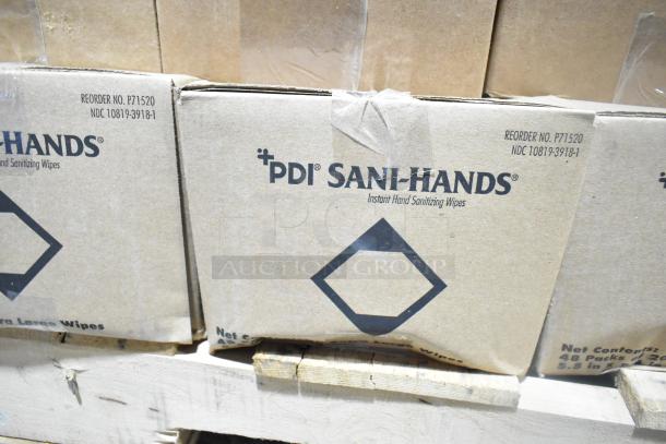 47 brand new scratch and dent boxes, including Smoothmove Prime, PDI Sani-Hands wipes, Reorder No. P71520 visible.