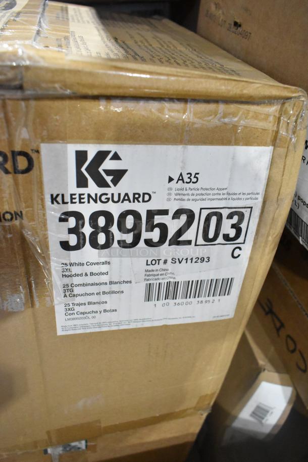 47 Brand new scratch and dent boxes labeled as Kleenguard A35 liquid & particle protection apparel, 25 white coveralls 3XL.