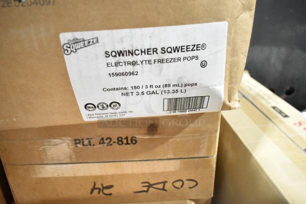 Cardboard box labeled "Sqwincher Sqweeze Electrolyte Freezer Pops," containing 150 pops, net 3.5 gallons.