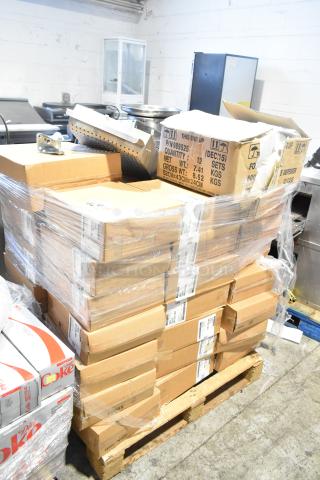 Pallet with 75 new scratch and dent items, including Cambro disposable lids and poly hand soap dispensers, in boxes.
