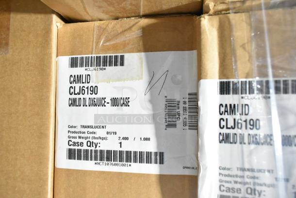 Box of Cambro CLJ6190 lids with straw slots, labeled as translucent, 1000 lids per case, production code 01/19.