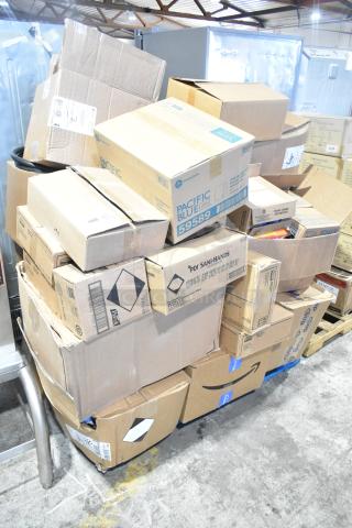 Stack of 24 new items, including Pacific Blue 59589 dispensers. Some boxes marked "scratch and dent," varying contents.