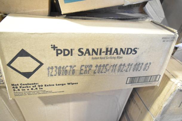 Box of PDI Sani-Hands instant sanitizing wipes, 48 packs of 20 extra large wipes each, marked with expiration and reorder details.