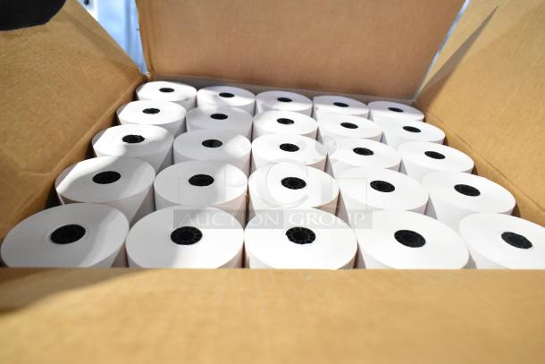 Box of 24 new receipt printer rolls, each roll neatly organized. Ideal for retail or office use.